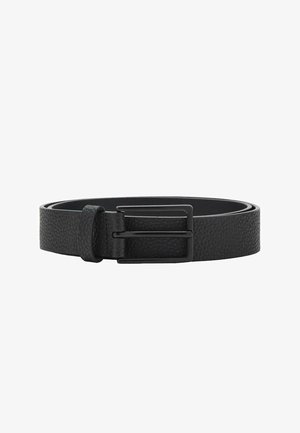 Black leather belt with a textured surface, featuring a rectangular black metal buckle and a single loop for adjustment.