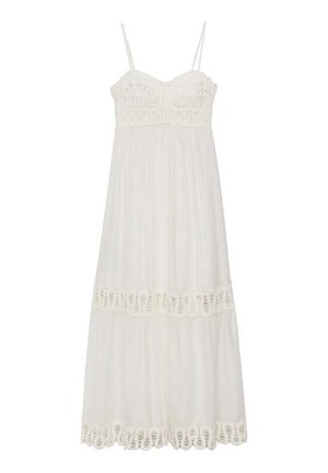 Abito lungo bianco con spalline sottili, corpetto in pizzo e gonna stratificata con bordino in pizzo ondulato all'orlo. Tessuto misto cotone.