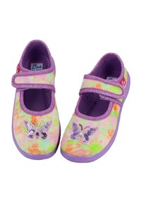 Lila und mehrfarbige Stoffschuhe mit einem Schmetterlingsmuster, ausgestattet mit einem Klettverschluss und einer strukturierten Sohle.