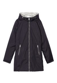 Chaqueta negra con capucha y forro plateado, que cuenta con un cierre frontal completo y dos bolsillos con cremallera. Fabricada con un material exterior ligero.