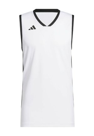 Witte mouwloze sportjersey met zwarte bies aan kraag en armsgaten, met een zwart Adidas-logo op de bovenkant van de borst.