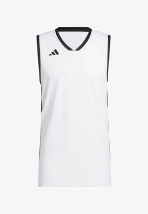 Witte mouwloze sportjersey met zwarte bies aan kraag en armsgaten, met een zwart Adidas-logo op de bovenkant van de borst.