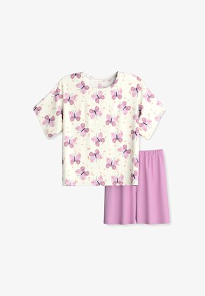 Top crema a maniche corte con stampa di farfalla rosa abbinato a pantaloncini viola chiaro a vita elastica.