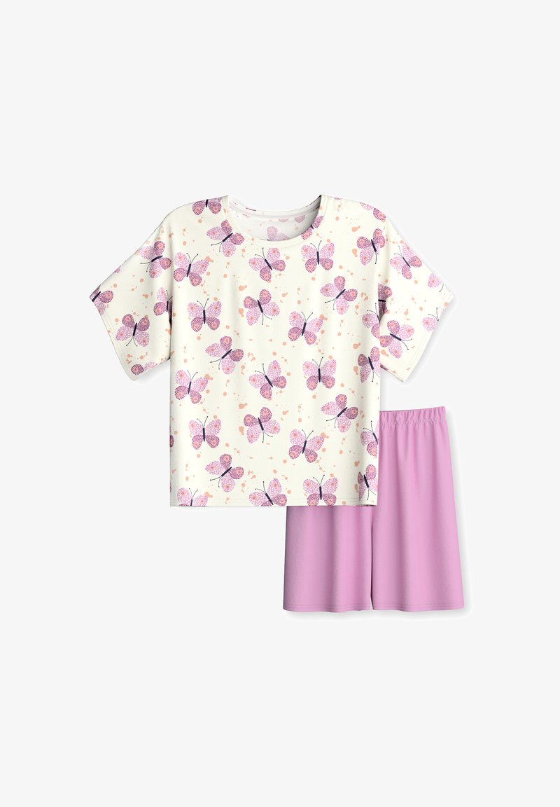 Haut à manches courtes crème avec imprimé papillon rose, associé à un short uni violet clair avec taille élastique.