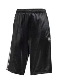 Black athletic shorts featuring a smooth, shiny texture, elastic waistband, side pockets, and three white stripes along the sides.