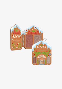 Ansigtspalette formet som et peberkagehus med hvide glasurdetaljer, farverige slikdetaljer og to nuancer indeni: en tekstureret brun og en skinnende beige.