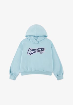 Sweat à capuche bleu clair avec une poche kangourou à l'avant, une taille élastique et des manches longues. Comprend un logo "Converse" contrastant.