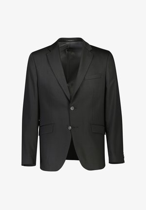 Blazer nero su misura con revers, due tasche frontali e chiusura a un bottone. Tessuto liscio con un aspetto leggermente texture.
