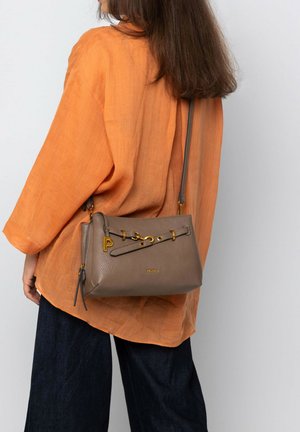 Gray leather crossbody bag with a textured finish, gold hardware, and a decorative "P." Features a shoulder strap and a cinched design.