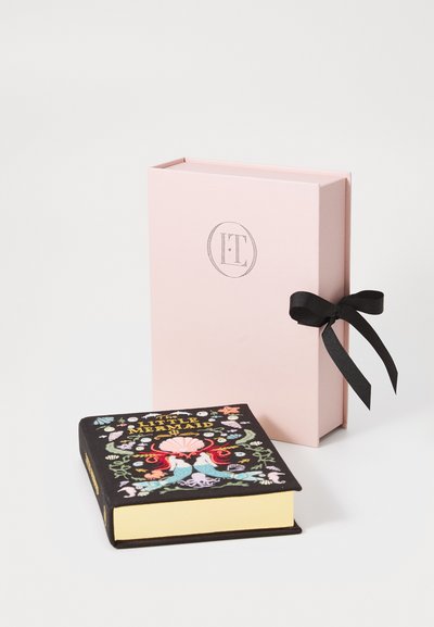 Decorative hardcover book titled "The Little Mermaid" with embroidered ocean-themed cover beside a pink gift box with black ribbon.