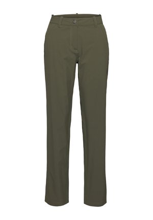 Pantalon droit vert olive avec passants de ceinture, fermeture à boutons sur le devant, fermeture éclair, et poches latérales.