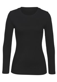 Schwarz langärmliges T-Shirt aus geripptem Baumwollstoff, mit rundem Ausschnitt und figurbetontem Schnitt ohne sichtbare Muster oder Akzente.