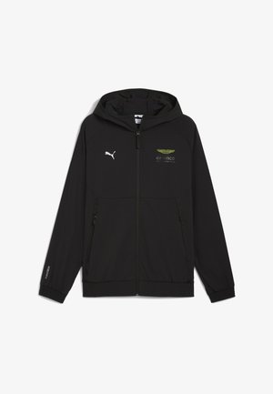 Zwarte capuchonjas gemaakt van lichtgewicht stof, met ritssluiting aan de voorkant, logo-accenten in wit en geel, en elastische manchetten.