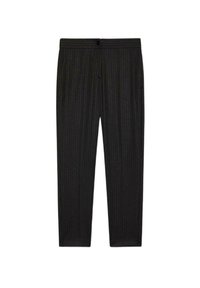 Zwarte op maat gemaakte broek met een krijtstreepje patroon, voorzien van een platte voorkant, elastische tailleband en zijzakken. Zachte stoftextuur.