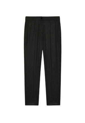 Zwarte op maat gemaakte broek met een krijtstreepje patroon, voorzien van een platte voorkant, elastische tailleband en zijzakken. Zachte stoftextuur.