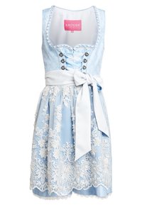 Robe bleu clair avec devant lacé, accents argentés et ceinture en satin blanc. Des motifs floraux brodés ornent l'ourlet de la jupe.