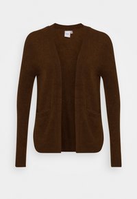 Cardigan marrone realizzato in tessuto morbido, con apertura frontale, maniche lunghe e due tasche anteriori. Texture semplice e liscia in tutto il capo.