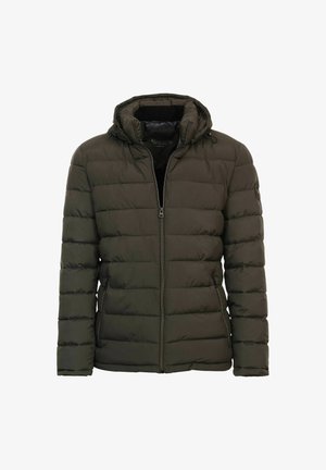 Dunkelgrüne Pufferjacke mit Kapuze, Reißverschluss und horizontalem Steppmuster. Hergestellt aus glattem, wasserabweisendem Material.