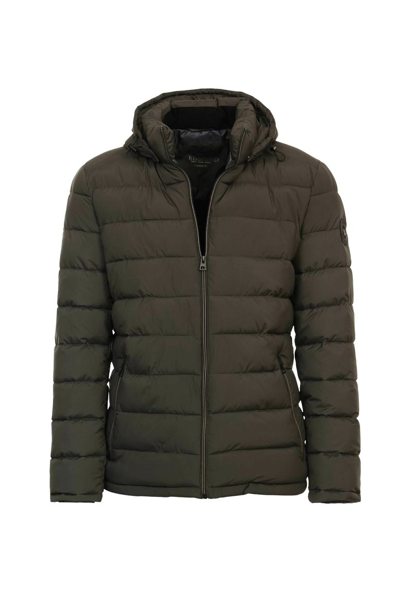 Puchowa kurtka w ciemnozielonym kolorze z kapturem, zapięciem na zamek i poziomym pikowaniem. Wykonana z gładkiego, wodoodpornego materiału.