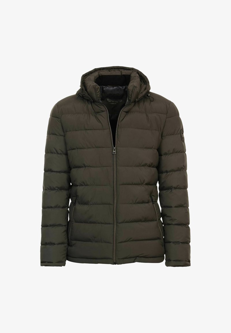 Puffjakke i mørkegrøn med hætte, lynlås og vandret quiltet mønster. Fremstillet af glat, vandafvisende materiale.