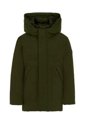 Olijfgroene, gevoerde jas met een grote capuchon, een zipper aan de voorkant en twee zijzakken. Bekleed met een glad, gewatteerd materiaal.