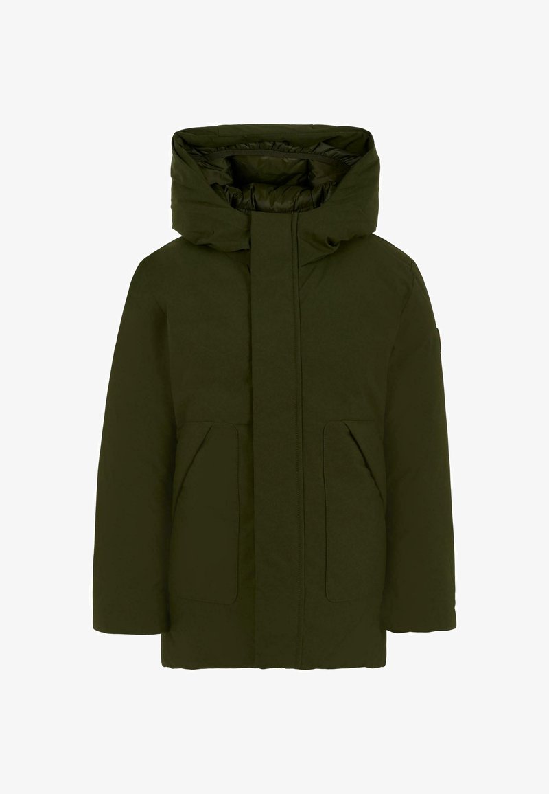 Oliwkowa, pikowana kurtka z dużym kapturem, przednim zapięciem na zamek oraz dwiema kieszeniami po bokach. Posiada gładką, teksturowaną tkaninę.