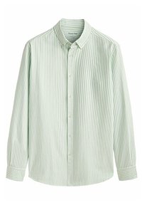 Lichtgroen en wit gestreept overhemd met knopen. Lange mouwen met knopenmanchetten, klassieke kraag en een gebogen zoom. Gemaakt van een gladde stof.