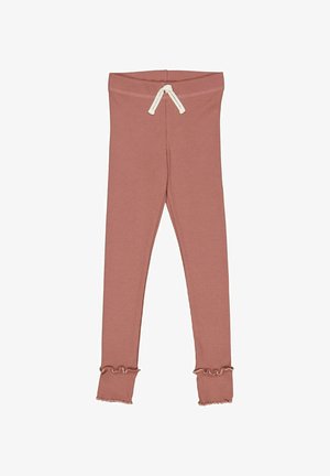 Roze katoenen leggings met een gerimpelde zoom, voorzien van een zachte elastische tailleband en een decoratieve trekkoord. Glad textuur, slim fit ontwerp.