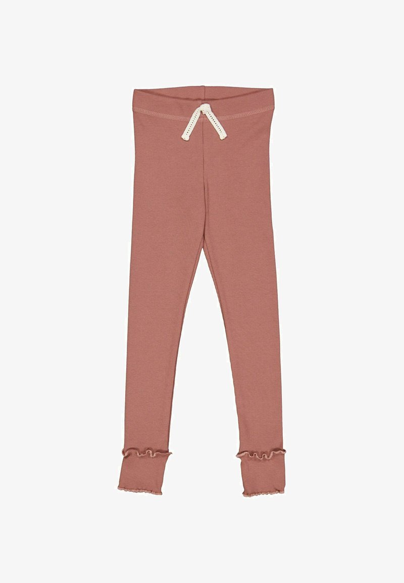 Růžové bavlněné legíny s volánkovým lemem, s měkkým elastickým pasem a ozdobným stahováním. Hladká textura, slim fit design.