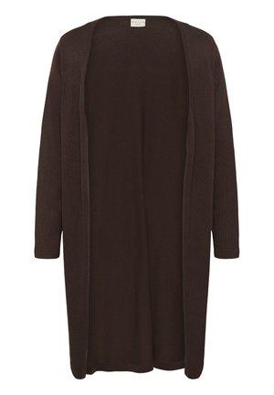 Cárdigan largo y abierto en marrón oscuro, hecho de un material de punto suave. Presenta mangas largas y un diseño relajado y fluido sin cerraduras.