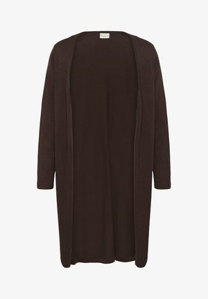 Cardigan long ouvert en marron foncé, fabriqué en matériau tricot doux. Il présente des manches longues et un design décontracté et fluide sans fermetures.