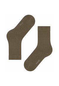 Braune Baumwollsocken mit einer soliden Textur. Knöchellanges Design mit einem gerippten Bund und dem aufgedruckten Markennamen in hellgrau.
