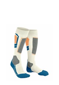 Kniestrümpfe in Creme mit grauen, orangen und blauen geometrischen Mustern; ausgestattet mit einer verstärkten Zehenpartie und einem gerippten Bündchen für zusätzlichen Halt.