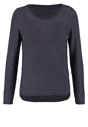 Marineblaues Strickpullover mit texturiertem Design, Rundhals und langen Ärmeln. Gerippter Saum und Bündchen an unten und an den Ärmeln.