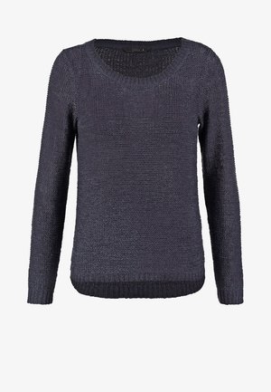 Pull en maille bleu marine avec un design texturé, col rond et manches longues. Ourlet et bords-côtes au bas et aux extrémités des manches.