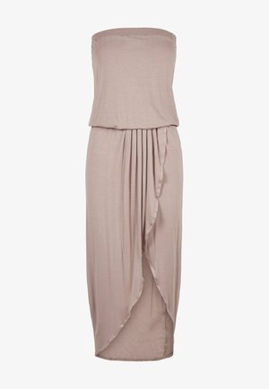 Rihmata, heledbež dress, pehme materjal, sobiv tiss, voolav disain voldikutega, põlve pikkus, sile tekstuur, minimaalne peenem.