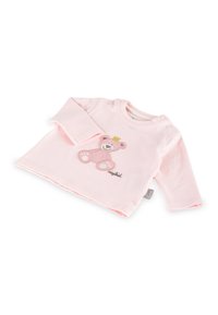 Maglietta a maniche lunghe rosa in morbido cotone. Presenta una grafica di un orso con una corona e dettagli di cucitura. Chiusure a scatto sulla spalla.