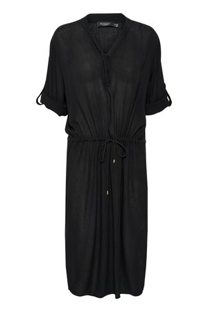 Black, short-sleeve dress with a v-neck, button closure, and elastic waist. Made of lightweight, sheer fabric with a drawstring and metallic accents.