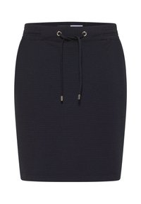 Navyblauer Rock aus strukturiertem Stoff mit Kordelzugbund und goldfarbenen Beschlägen, entworfen für eine figurbetonte Silhouette.