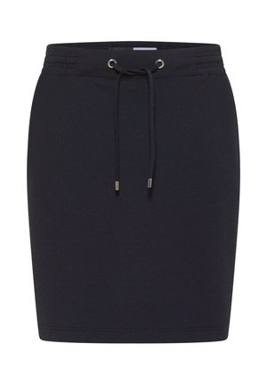 Navyblauer Rock aus strukturiertem Stoff mit Kordelzugbund und goldfarbenen Beschlägen, entworfen für eine figurbetonte Silhouette.