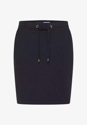 Donkerblauwe rok van gestructureerde stof, met een taille die kan worden aangetrokken en gouden sierdetails, ontworpen voor een getailleerde pasvorm.