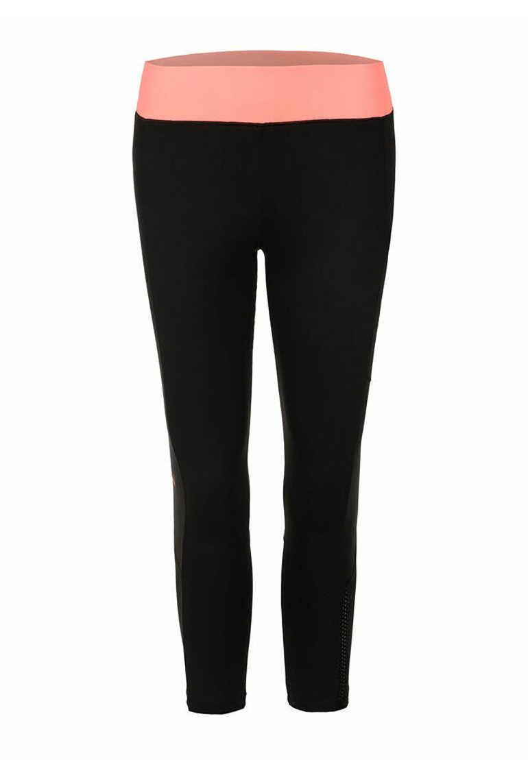 Leggings neri a lunghezza intera con una larga vita corallo, progettati per l'abbigliamento sportivo o casual.