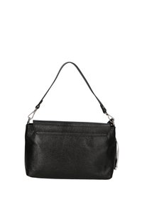 Borsa a tracolla in pelle nera con finitura testurizzata, dotata di una sola tracolla e chiusura con zip. Include una tasca esterna e dettagli in hardware argentato.