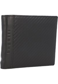 Portefeuille noir pliant fabriqué en cuir texturé et tissu, avec un bord cousu et un détail de logo en relief sur un côté.