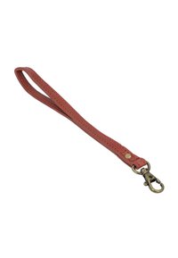 Cinturino da polso in pelle color ruggine con una superficie liscia, dotato di una chiusura in ottone e cuciture decorative lungo i bordi.