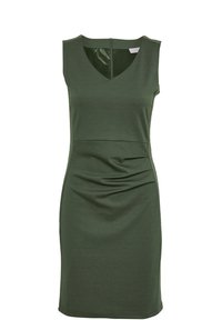 Robe sans manches longueur genou vert olive avec col en V et légère fronce à la taille, fermeture éclair au dos.