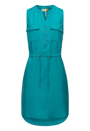 Robe sans manches couleur sarcelle avec deux poches poitrine, des boutons devant, une taille à cordon et un ourlet légèrement arrondi.