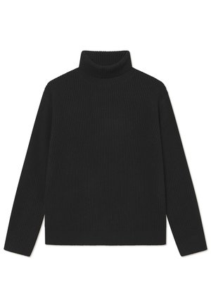 Suéter negro de cuello alto con mangas largas y un diseño de punto texturizado. Presenta un cuello ajustado y un dobladillo recto para mayor comodidad.