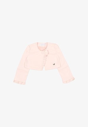 Jasnoróżowy krótki kardigan z długimi rękawami, okrągłym dekoltem, falbanką zdobiącą przód i mankiety oraz małą metalową ozdobą w kształcie serca.