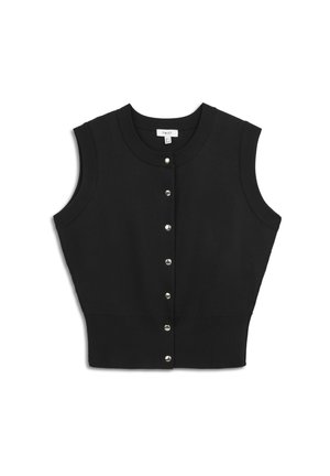 Zwarte mouwloze vest gemaakt van breikatoen, met een ronde halslijn, een sluiting aan de voorkant met zilveren knopen en een geribde onderzoom.